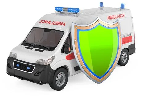 Ambulance van with shield. 3D rendering Stock Illustration