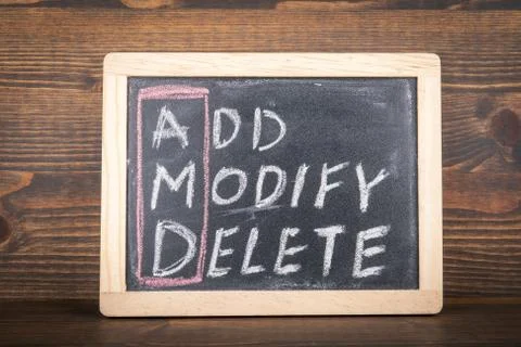 AMD. ADD, MODIFY and DELETE. Business concept. Chalk board with an inscription Stock Photos