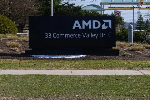 AMD company logo and address in Markham, Ontario, Canada. Stock Photos