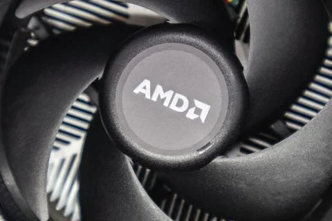 AMD cooler fan for computer CPU close-up on black 스톡 사진