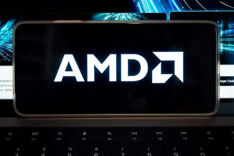 Amd logo displayed on modern mobile communication device Stock Photos