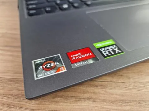 AMD Radeon graphics logo displayed on laptop keyboard Stock Photos