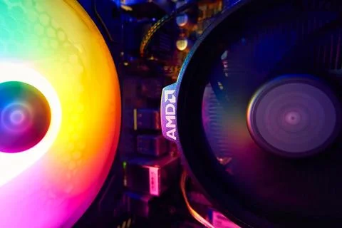 AMD rotating cooler inside a personal computer case Stock Photos