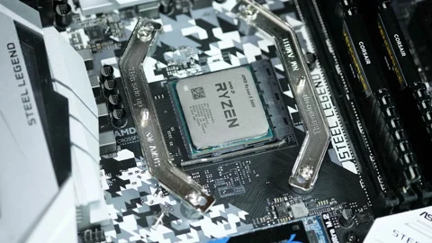 Amd ryzen 3600 desktop pc cpu on hi tech motherboard,computer components chip 動画素材 151387840