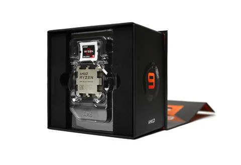 AMD Ryzen 9 7950X3D processor close-up. Studio shot. Stock Photos