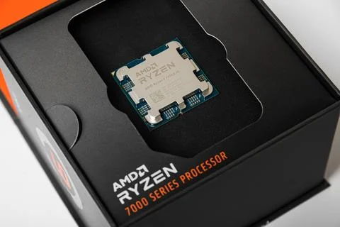 AMD Ryzen 9 7950X3D processor close-up. Studio shot. Stock Photos