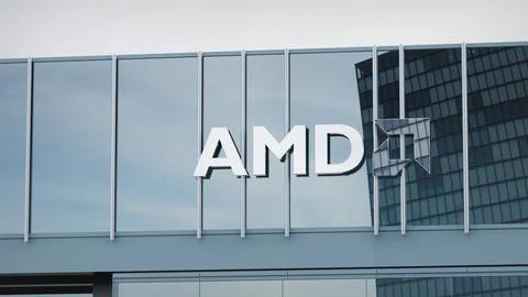 AMD Stock data presented on the logo of the office facade editorial Stock Photos