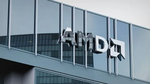 AMD Stock data presented on the logo of the office facade editorial Stock-Fotos
