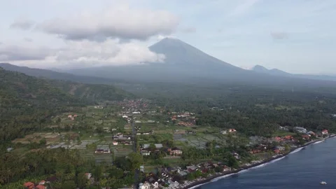 Amed beach Mount Agung hover Stock Footage 329907605