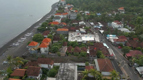 Amed Black Sand Beach Early Morning Boats Bali Indonesia Drone Track In 4K 60FPS 스톡 동영상 345018182