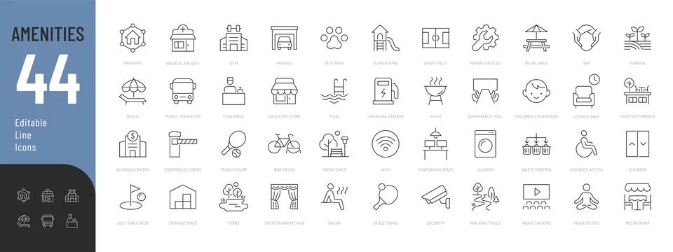 Amenities Line Editable Icons set. Stock Illustration