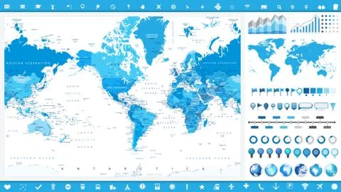 America Centered World Map and infographic elements Illustrazione stock