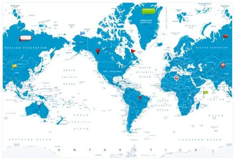 America Centered World Map and glossy icons on map Stock Illustration
