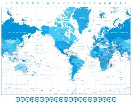 America Centered World Map Blue Color and flat icons Stock Illustration