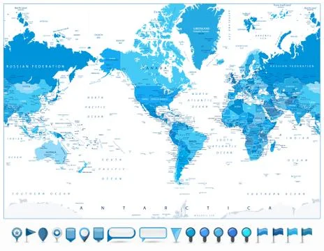 America Centered World Map Blue Color and 3D glossy icons Stock Illustration