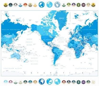 America Centered World Map Blue Color and round flat icons Stock Illustration