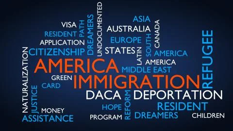 America, immigration word tag cloud - blue variant. Stock Illustration