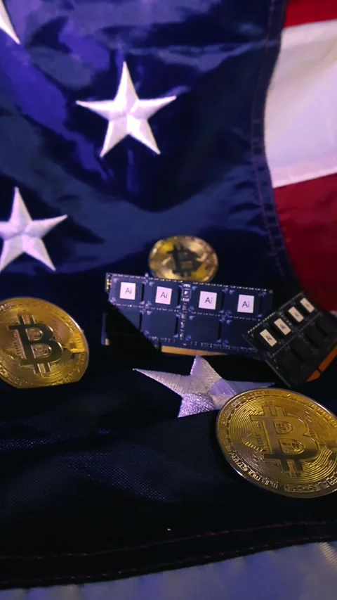 American AI technology and bitcoin cryptocurrency on US flag Stock Footage 338330096