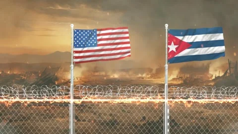 American and cuban flags blowing in wind against war zone background with b.. Stock Footage 341618373