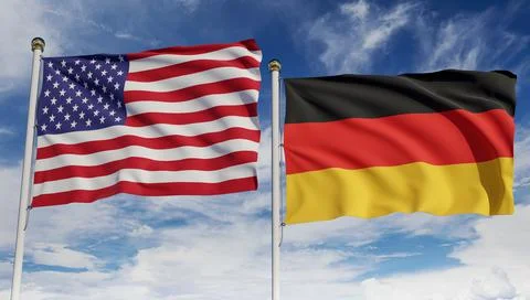 American and German flags over blue sky. Concept of diplomacy, agreement, int Ilustração Stock