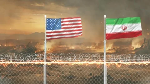 American and Iranian flags waving on border fence with war torn city landsc.. Stock Footage 341618375
