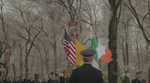 American and Irish flags in St Patrick's Day Parade, New York City Stock Footage 65050149