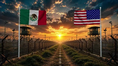 American and Mexican flags waving at sunset. Stock Footage 340418708