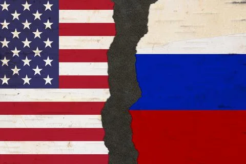 American and Russian flags that are torn apart Stock Illustration