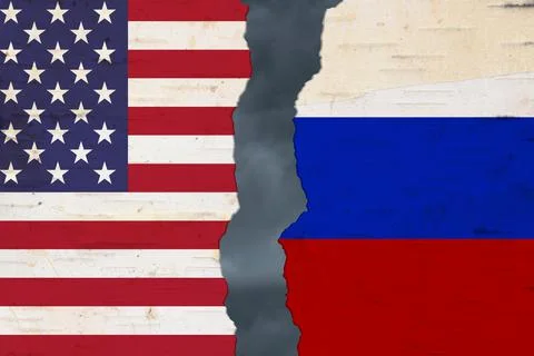 American and Russian flags that are torn apart Stock Illustration
