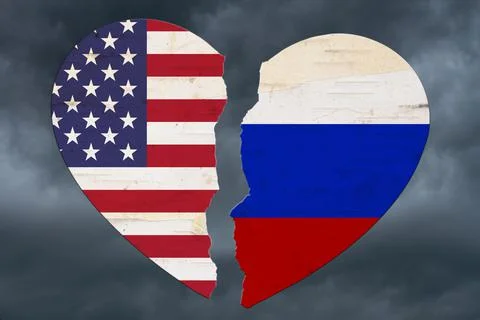 American and Russian flags in a broken heart Stock Illustration