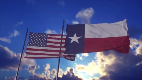 American and Texas Flags Waving Against Dramatic Blue Sky Stock Footage 338410647