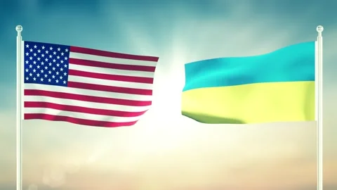The American and Ukrainian flags wave. Video stock 297347053