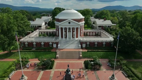 American and VA flags at UVA. Rotunda University of Virginia rising aerial Stock Footage 207935114