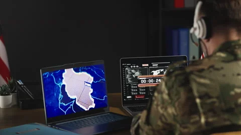 American army officer controlling operation launch, military offensive in Iran Stock Footage 334669682