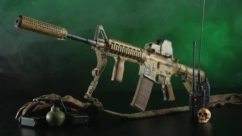 American automatic rifle in smoke Stock Footage 124908447