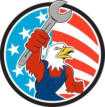 American Bald Eagle Mechanic Spanner Circle USA Flag Cartoon Illustration ... Stock Photos