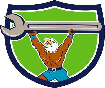  American Bald Eagle Mechanic Spanner Crest Cartoon Illustration of a amer... Stock Photos