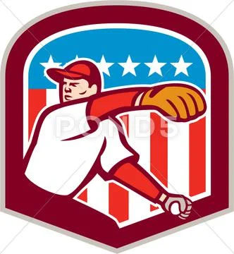 American baseball pitcher throw ball shield cartoon Stock Illustration