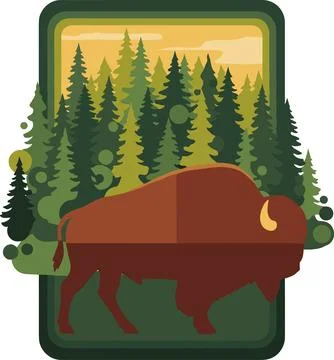 American Bison in Pine Forest Wildlife Badge Illustration - Flat Vector Out.. Stock Illustration