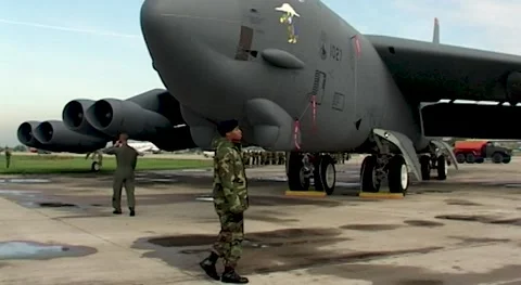 American bomber Boeing B-52 "Stratofortress" in parking lot. US Air Force. Stock Footage 194534550