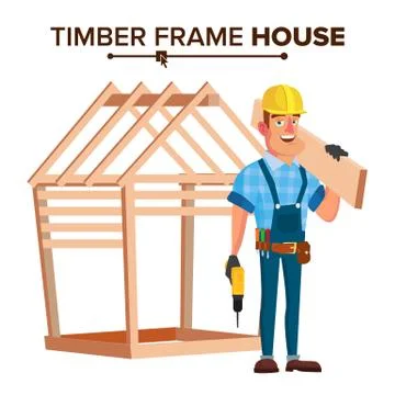 American Builder Vector. Building Timber Frame House. New Home. Roofer On Ilustración de archivo