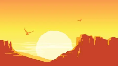 American canyon with sky background. Vector prairie landscape with sun Stock Illustration