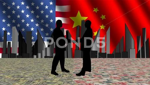American chinese meeting with skyline flags and currency illustration Stock Illustration