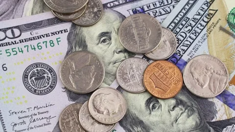 American coin cents falling down the usa hundred dollars. Financial concept Stock Footage 242351877