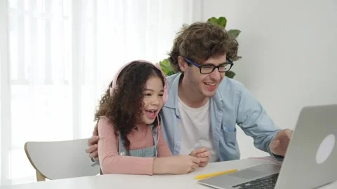 American daughter learning to coding and writing engineering prompt. Pedagogy. Stock Footage 270038452