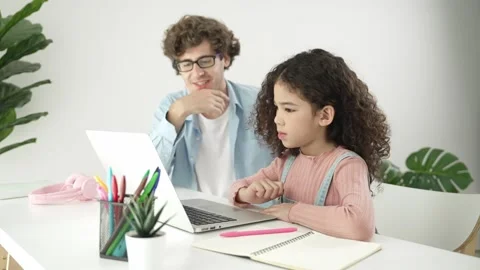 American daughter learning to coding and writing engineering prompt. Pedagogy. Stock Footage 270277768
