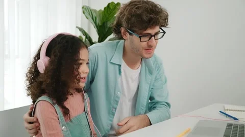 American daughter learning to coding and writing engineering prompt. Pedagogy. Stock Footage 270709262