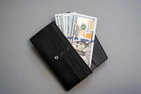 American dollar banknotes stack, pack of money in black wallet, rich, luxury Stock Photos