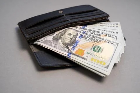 American dollar banknotes stack, pack of money in black wallet, rich, luxury Stock Photos