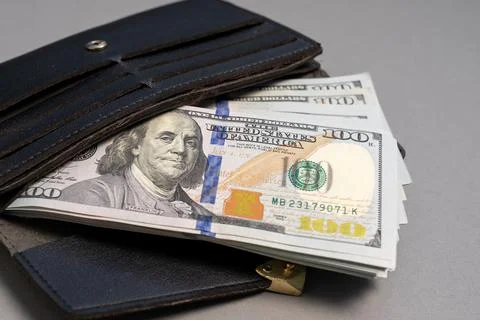 American dollar banknotes stack, pack of money in black wallet, rich, luxury Stock Photos